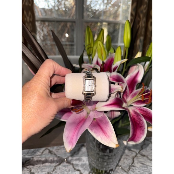 Anne Klein Womens Rectangular Mother of Pearl Dial Crystal Watch Silver‎ Tone - Picture 6 of 12